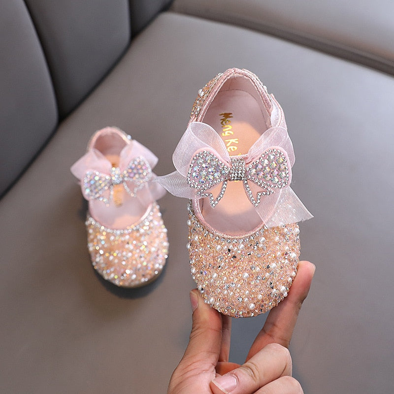 Leather Rhinestone Girls Bowknot Shoes