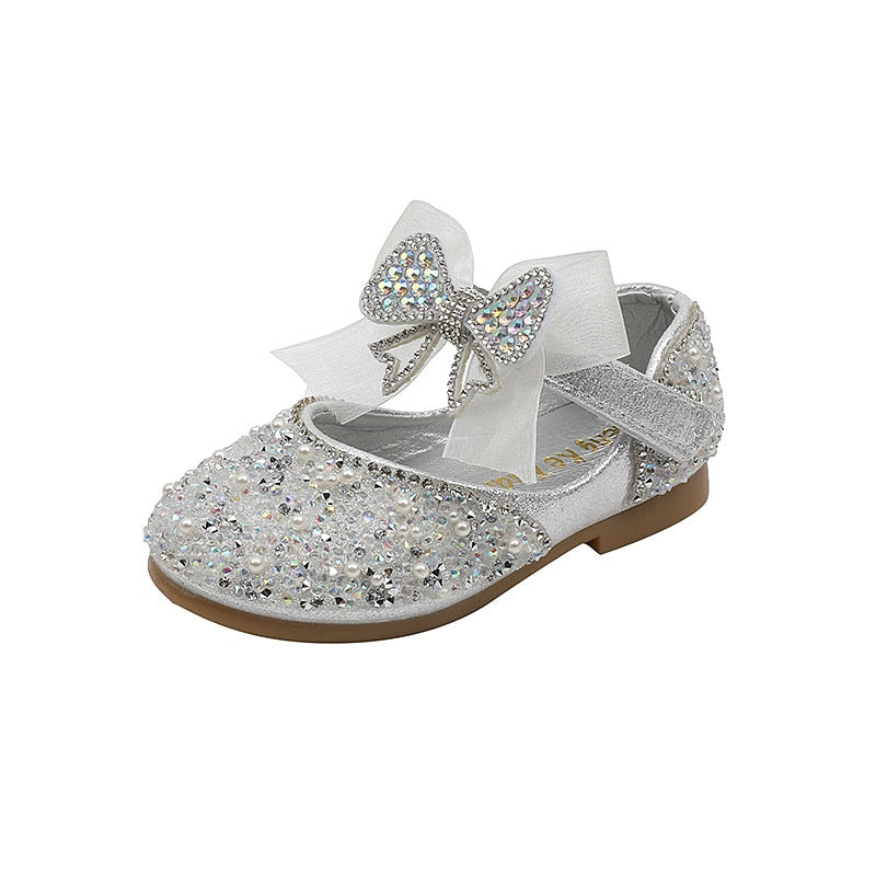Leather Rhinestone Girls Bowknot Shoes
