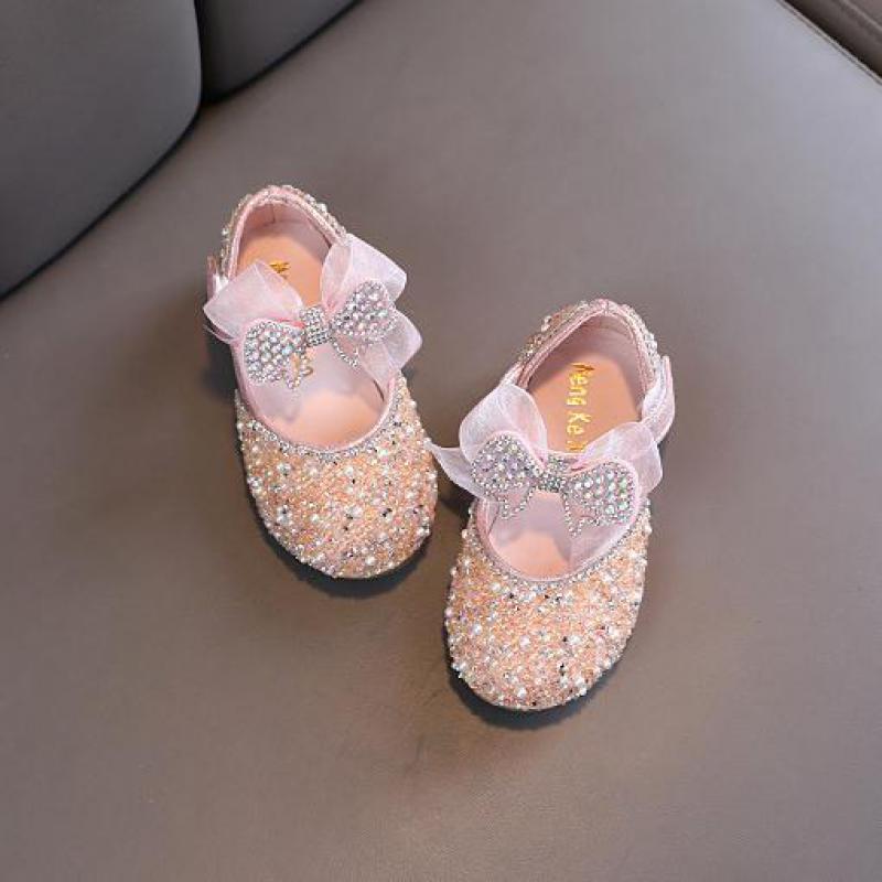 Leather Rhinestone Girls Bowknot Shoes