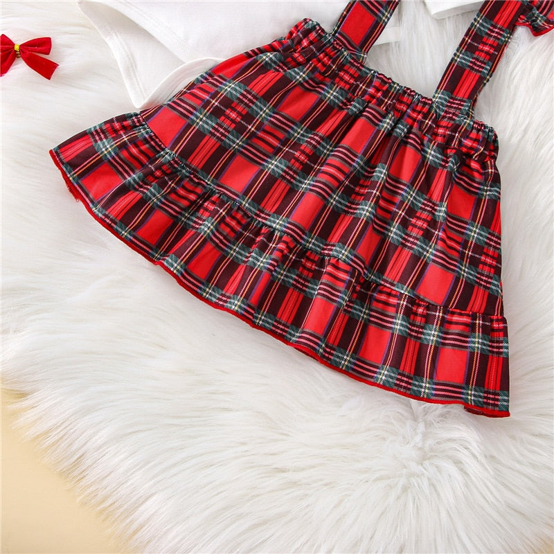 Toddler Baby Girls Christmas Skirt Set Long Sleeve Elk Letters Print Bodysuit Top + Plaid Suspender Skirt + Headband