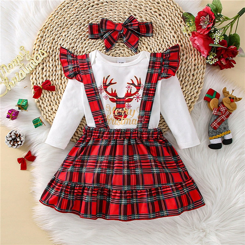 Toddler Baby Girls Christmas Skirt Set Long Sleeve Elk Letters Print Bodysuit Top + Plaid Suspender Skirt + Headband