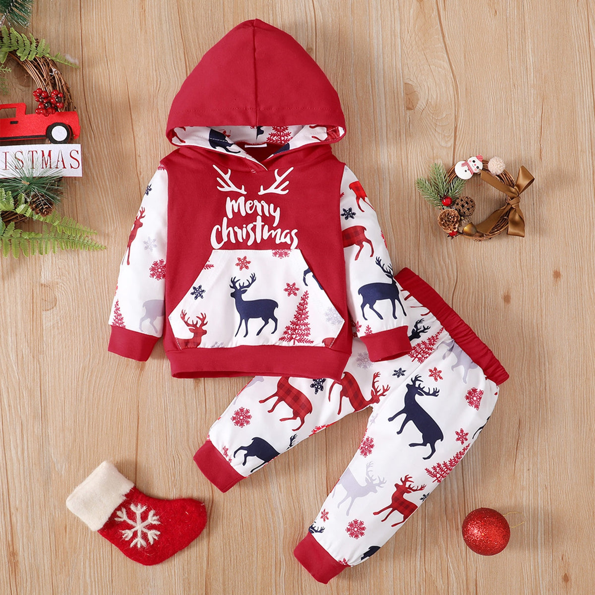 Christmas Print Hooded Pullover Tops Pants