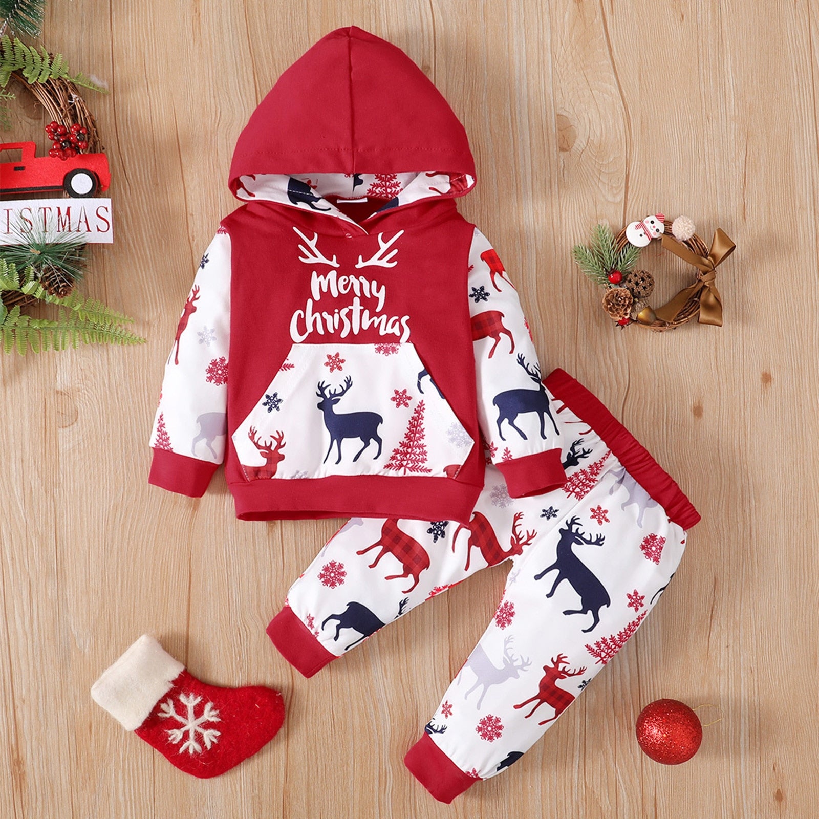 Christmas Print Hooded Pullover Tops Pants