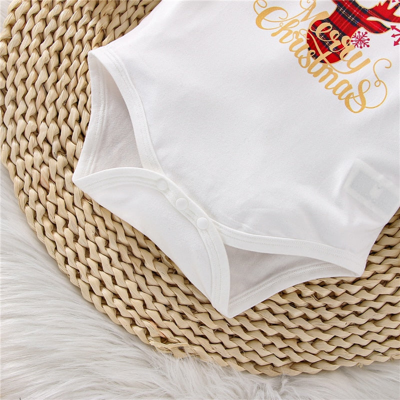 Toddler Baby Girls Christmas Skirt Set Long Sleeve Elk Letters Print Bodysuit Top + Plaid Suspender Skirt + Headband