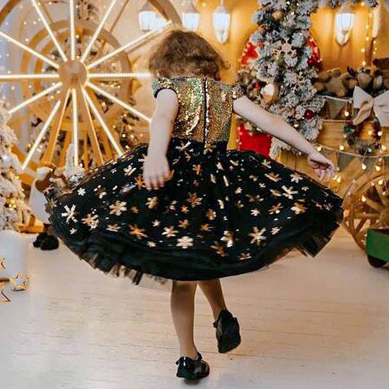 Golden Sequin Shiny Tutu Snowflake Dress