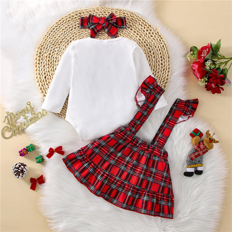 Toddler Baby Girls Christmas Skirt Set Long Sleeve Elk Letters Print Bodysuit Top + Plaid Suspender Skirt + Headband