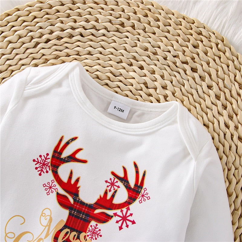 Toddler Baby Girls Christmas Skirt Set Long Sleeve Elk Letters Print Bodysuit Top + Plaid Suspender Skirt + Headband