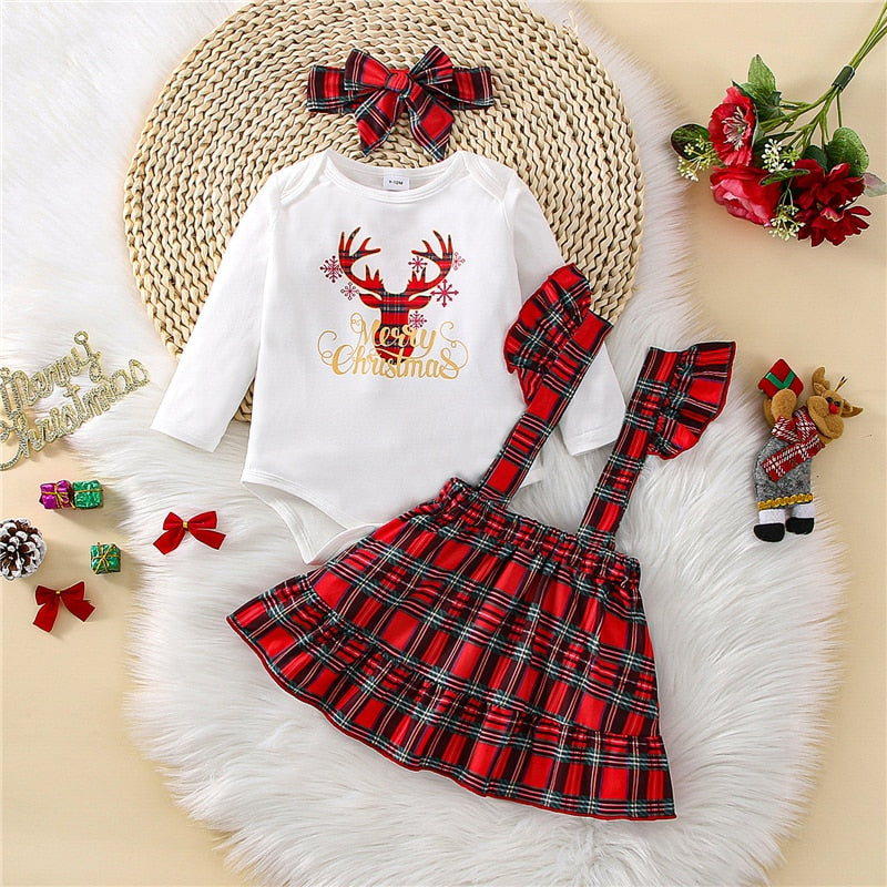 Toddler Baby Girls Christmas Skirt Set Long Sleeve Elk Letters Print Bodysuit Top + Plaid Suspender Skirt + Headband